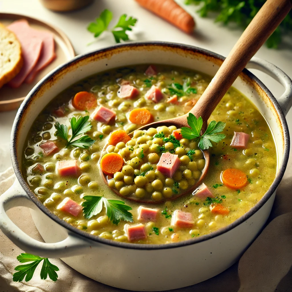 A large white pot filled with homemade split pea soup, with chunks of ham, diced carrots, and garnished with fresh parsley