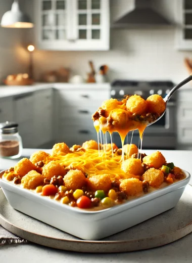 Minnesota hot dish, tater tot casserole, comfort food, ground beef casserole, Tim Walz recipe, creamy hot dish, cheddar cheese topping, Midwest recipe, family dinner, baked casserole, one-pot meal, classic American dish, easy casserole, hearty meal, traditional hot dish, creamy vegetables, cheesy tater tots, potluck recipe, Minnesota cuisine, casserole recipe