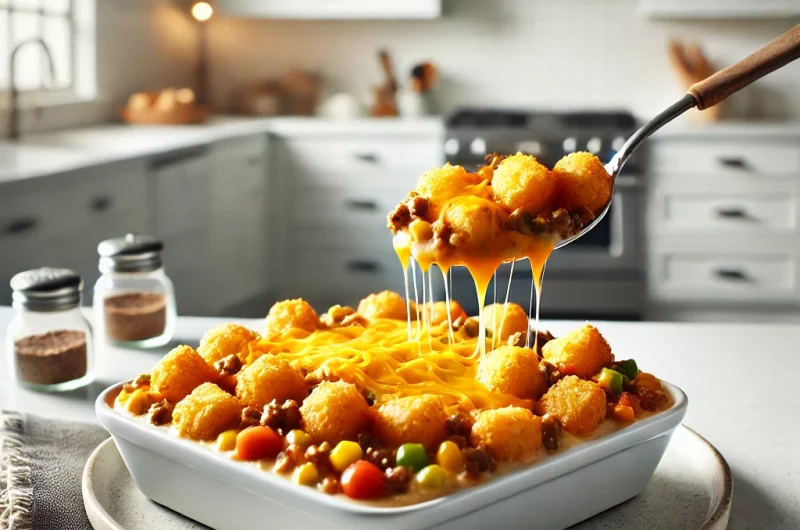 Minnesota hot dish, tater tot casserole, comfort food, ground beef casserole, Tim Walz recipe, creamy hot dish, cheddar cheese topping, Midwest recipe, family dinner, baked casserole, one-pot meal, classic American dish, easy casserole, hearty meal, traditional hot dish, creamy vegetables, cheesy tater tots, potluck recipe, Minnesota cuisine, casserole recipe