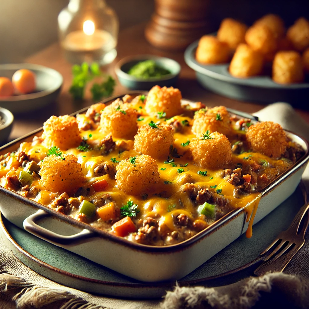 Minnesota hot dish, tater tot casserole, comfort food, ground beef casserole, Tim Walz recipe, creamy hot dish, cheddar cheese topping, Midwest recipe, family dinner, baked casserole, one-pot meal, classic American dish, easy casserole, hearty meal, traditional hot dish, creamy vegetables, cheesy tater tots, potluck recipe, Minnesota cuisine, casserole recipe