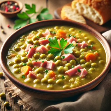 bowl of homemade split pea soup with visible tender split peas, chunks of shredded ham, and diced carrots, garnished with fresh parsley