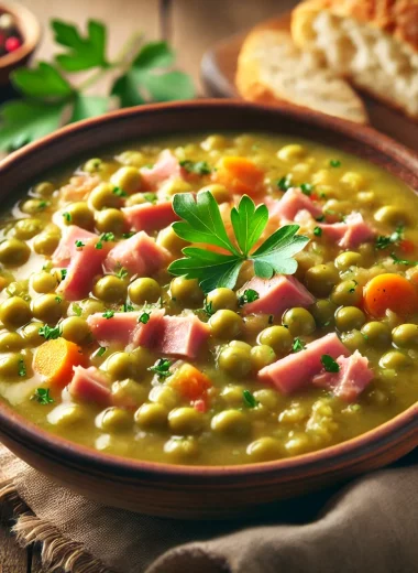 bowl of homemade split pea soup with visible tender split peas, chunks of shredded ham, and diced carrots, garnished with fresh parsley