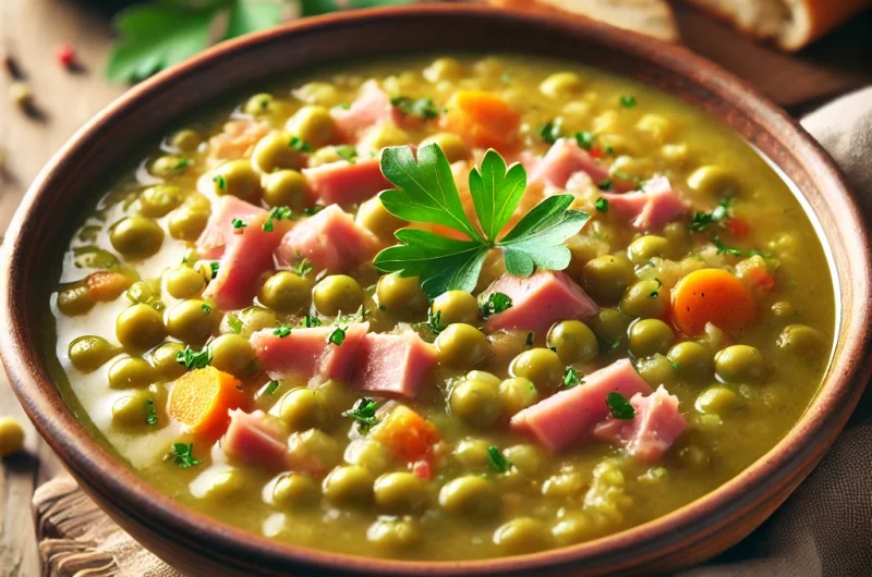 bowl of homemade split pea soup with visible tender split peas, chunks of shredded ham, and diced carrots, garnished with fresh parsley