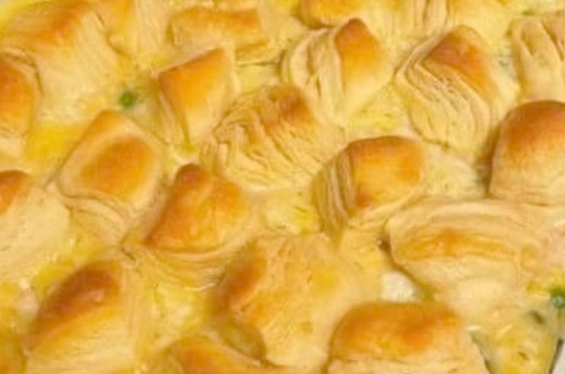 easy homemade chicken pot pie bake with flaky puff pastry crust