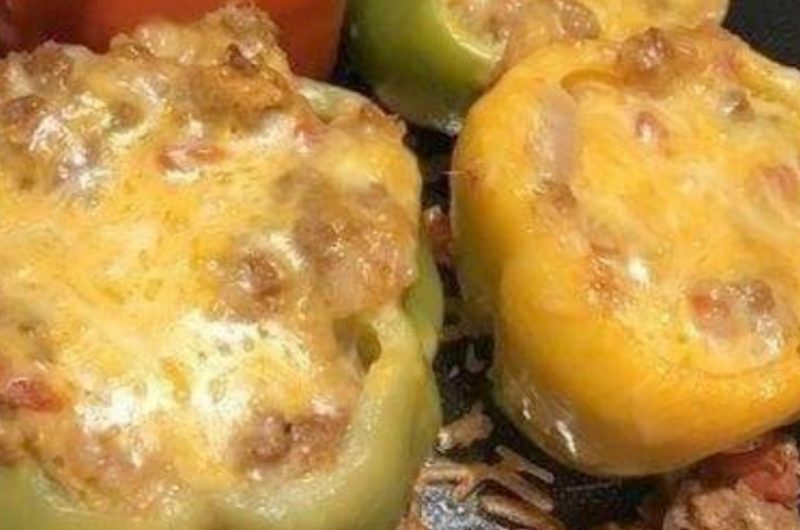 easy stuffed bell peppers recipe with ground beef and rice a roni