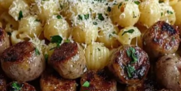 garlic butter sausage bites with creamy parmesan pasta a quick and easy comfort food recipe