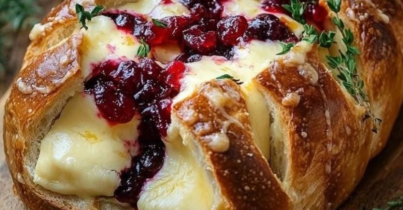 garlic herb sourdough bread stuffed with brie and cranberry sauce a festive cheesy delight