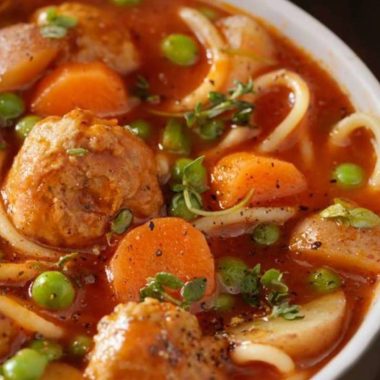 hearty italian meatball soup with potatoes and peas a one pot weeknight dinner