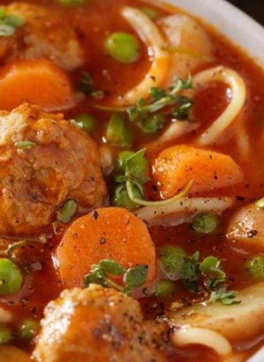 hearty italian meatball soup with potatoes and peas a one pot weeknight dinner