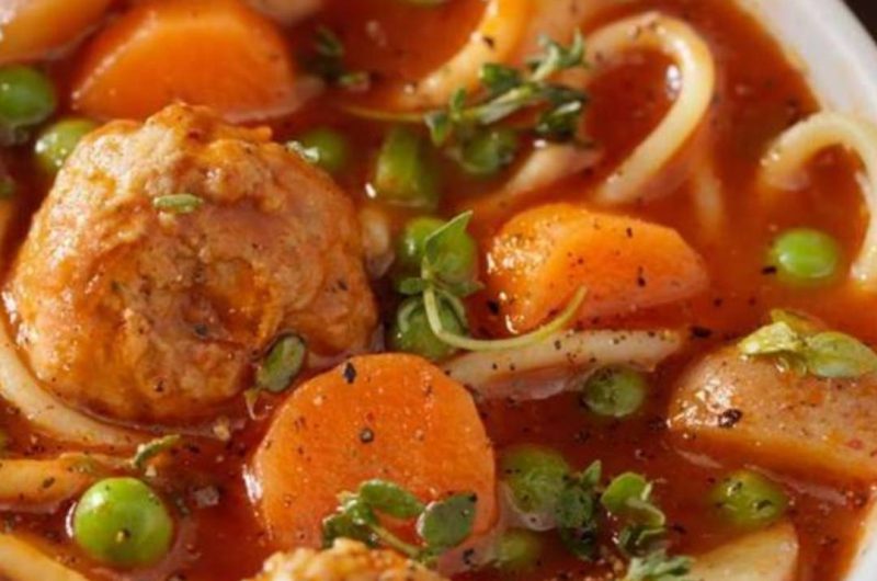 hearty italian meatball soup with potatoes and peas a one pot weeknight dinner