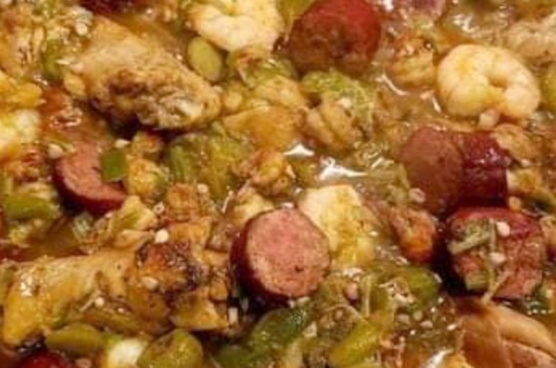 hearty okra stew with chicken sausage shrimp and crawfish tails a cajun delight