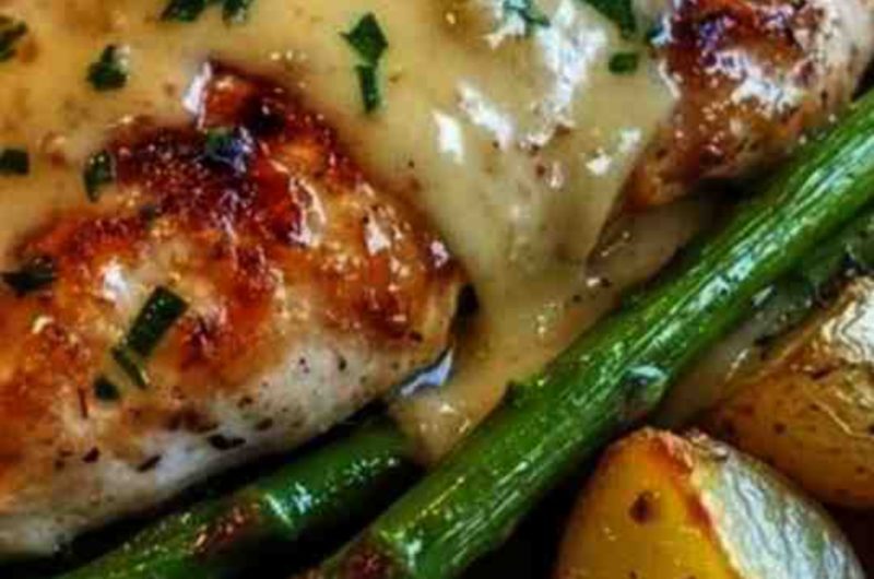 honey mustard chicken with roasted asparagus and potatoes a restaurant worthy one pan meal