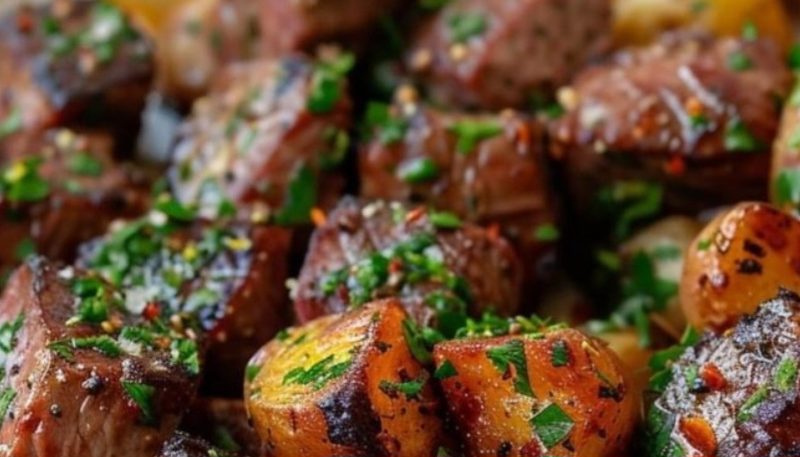 juicy air fryer garlic butter steak bites and potatoes quick easy and delicious