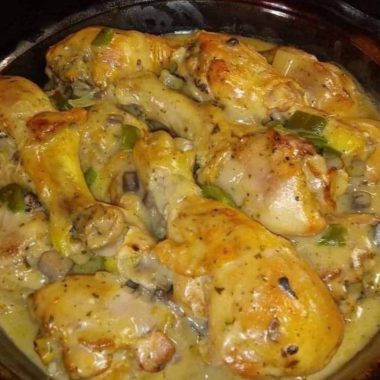juicy baked chicken legs with creamy mushroom sauce easy comfort food recipe