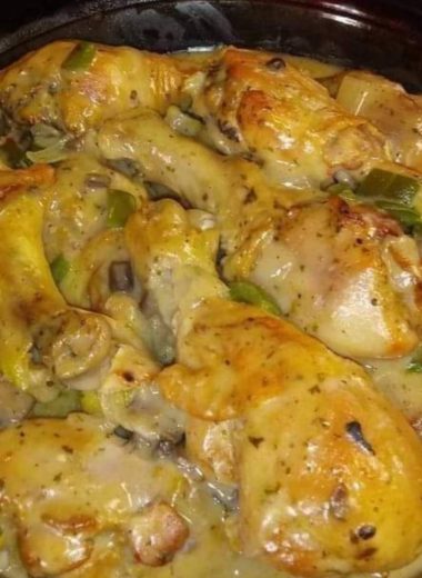 juicy baked chicken legs with creamy mushroom sauce easy comfort food recipe