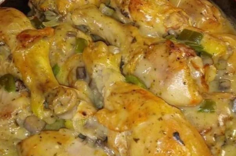 juicy baked chicken legs with creamy mushroom sauce easy comfort food recipe