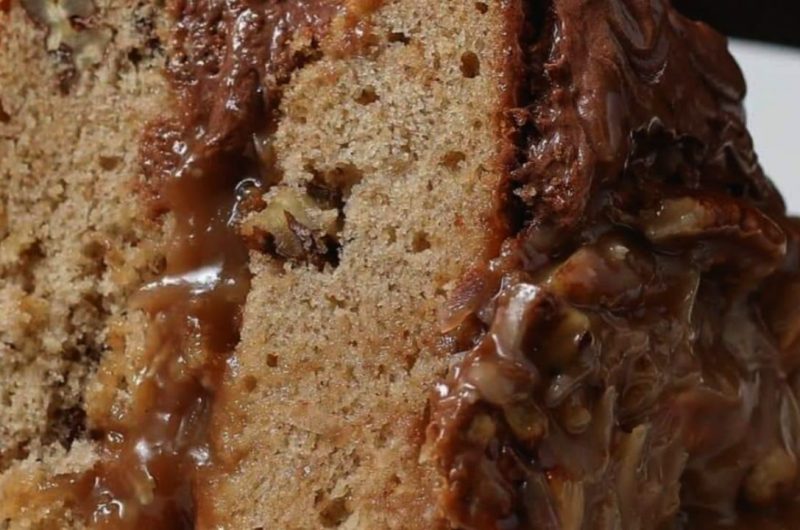 moist gluten free banana cake with rich german chocolate frosting