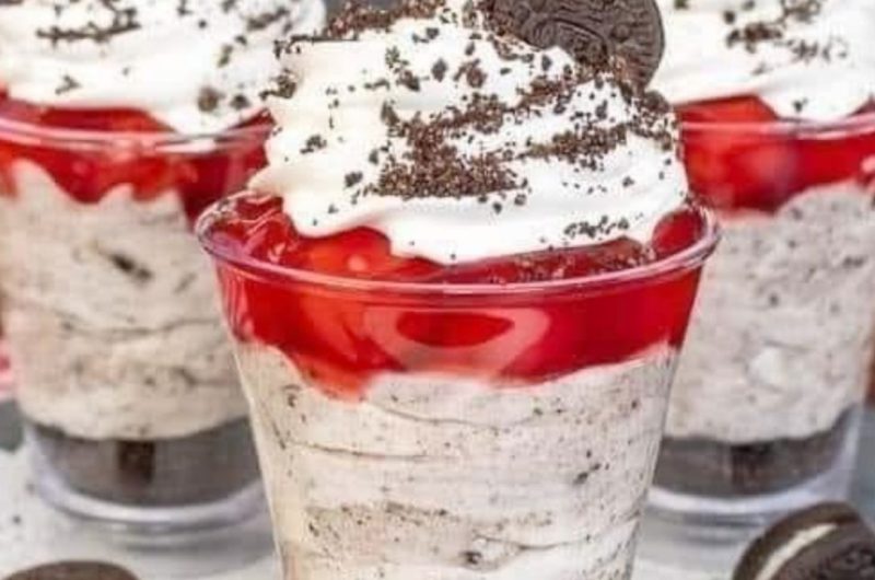 no bake cherry cookies and cream cheesecake parfait easy creamy and delicious dessert