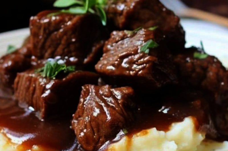no peek beef tips tender oven or slow cooker recipe with rich gravy
