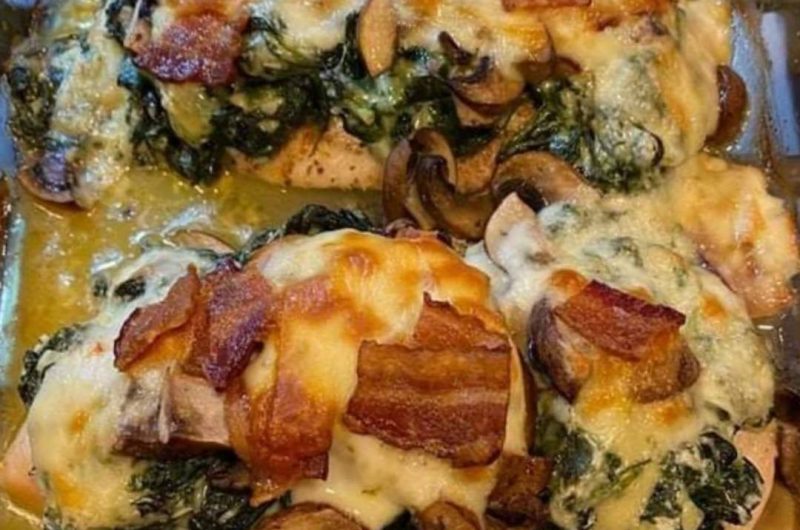 smothered chicken with creamed spinach bacon and mushrooms a comfort food delight